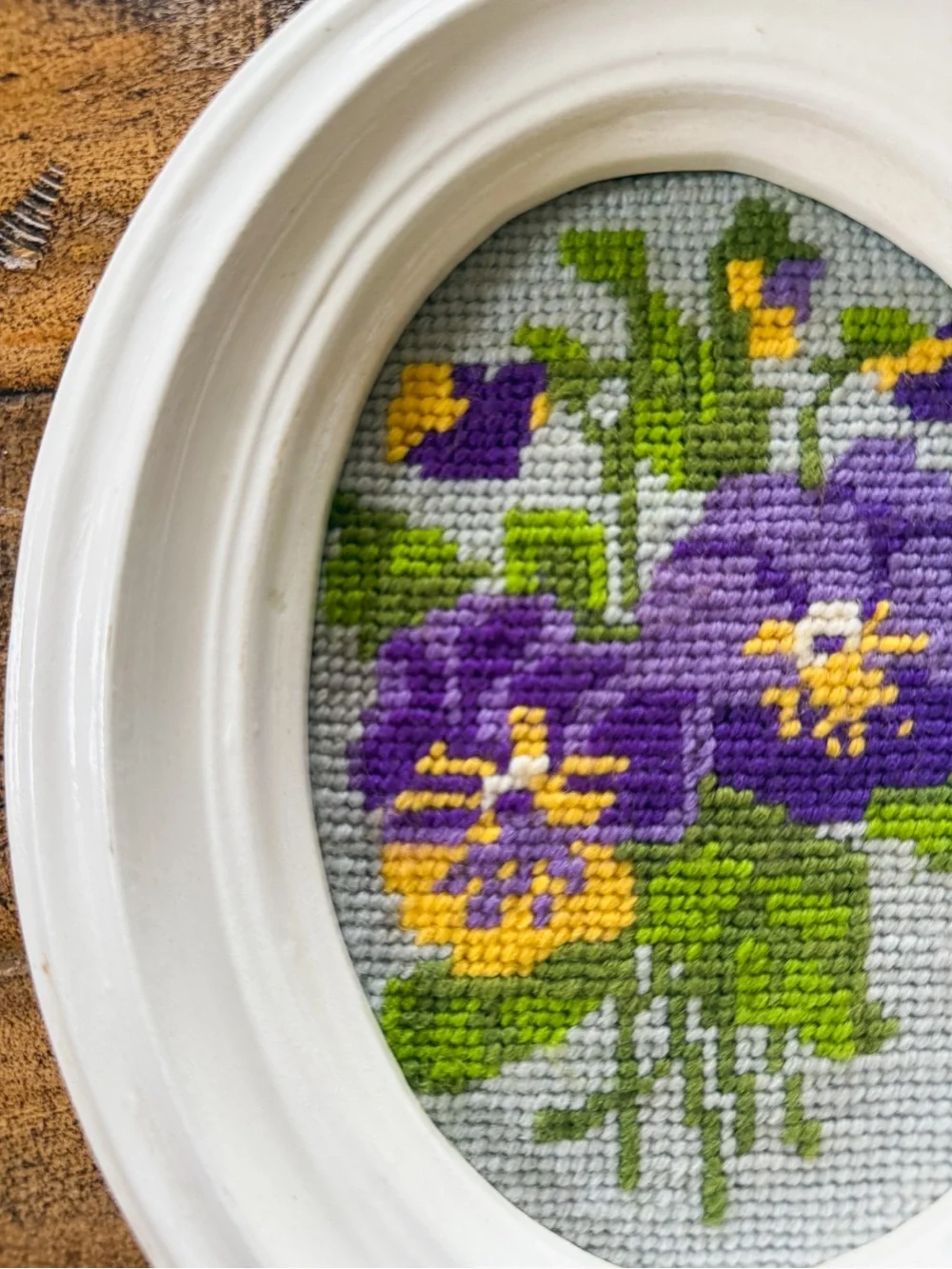 Framed Vintage Needlepoint Pansy Floral Art in Purple and Yellow